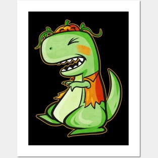 Tyrannosaurus Rex T-Rex With Vest And Pumpkin For Halloween Posters and Art